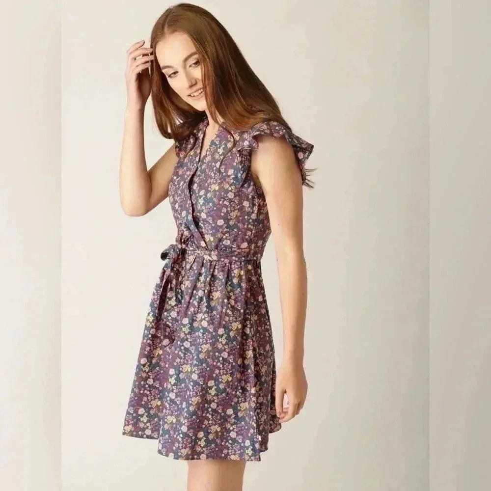 United colors of Benetton floral ruffle sleeve wrap dress with belt XS